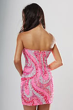 back view of neon pink swirl sequin strapless fitted short homecoming dress with straight neckline, Jovani style 52459