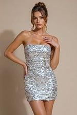 silver and gold scalloped sequin strapless mini dress with sweetheart neckline