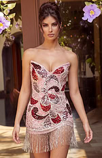 strapless floral prom dress front view with corset bodice and high slit