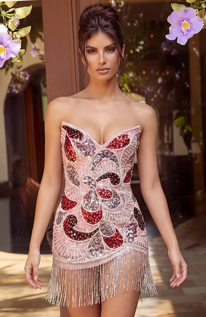 strapless floral prom dress front view with corset bodice and high slit