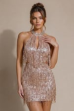 rose gold halter mini dress with crystal beaded fringe and keyhole neckline
