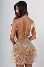 back view of gold beaded fringe halter short homecoming dress with plunging V neckline and rhinestone trim, Jovani style 52484