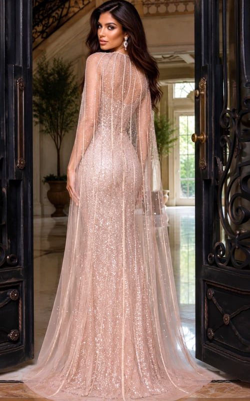 Trailing tulle cape and train on a champagne sequin gown, photographed from behind