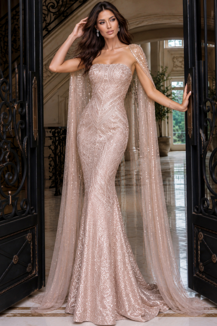 Fitted glitter gown angled to the side, cape sleeves pooling beside the flared hem