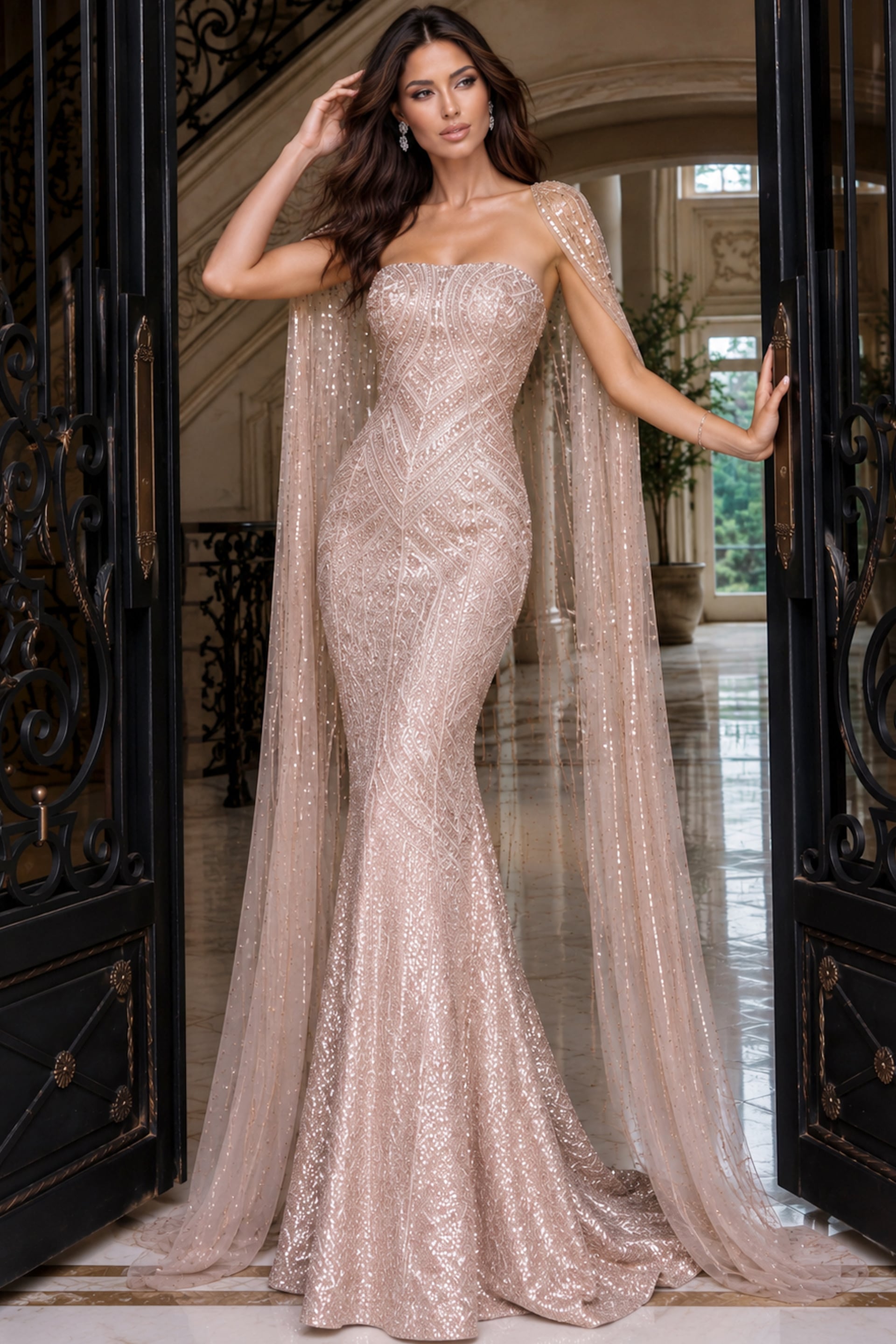 Fitted glitter gown angled to the side, cape sleeves pooling beside the flared hem