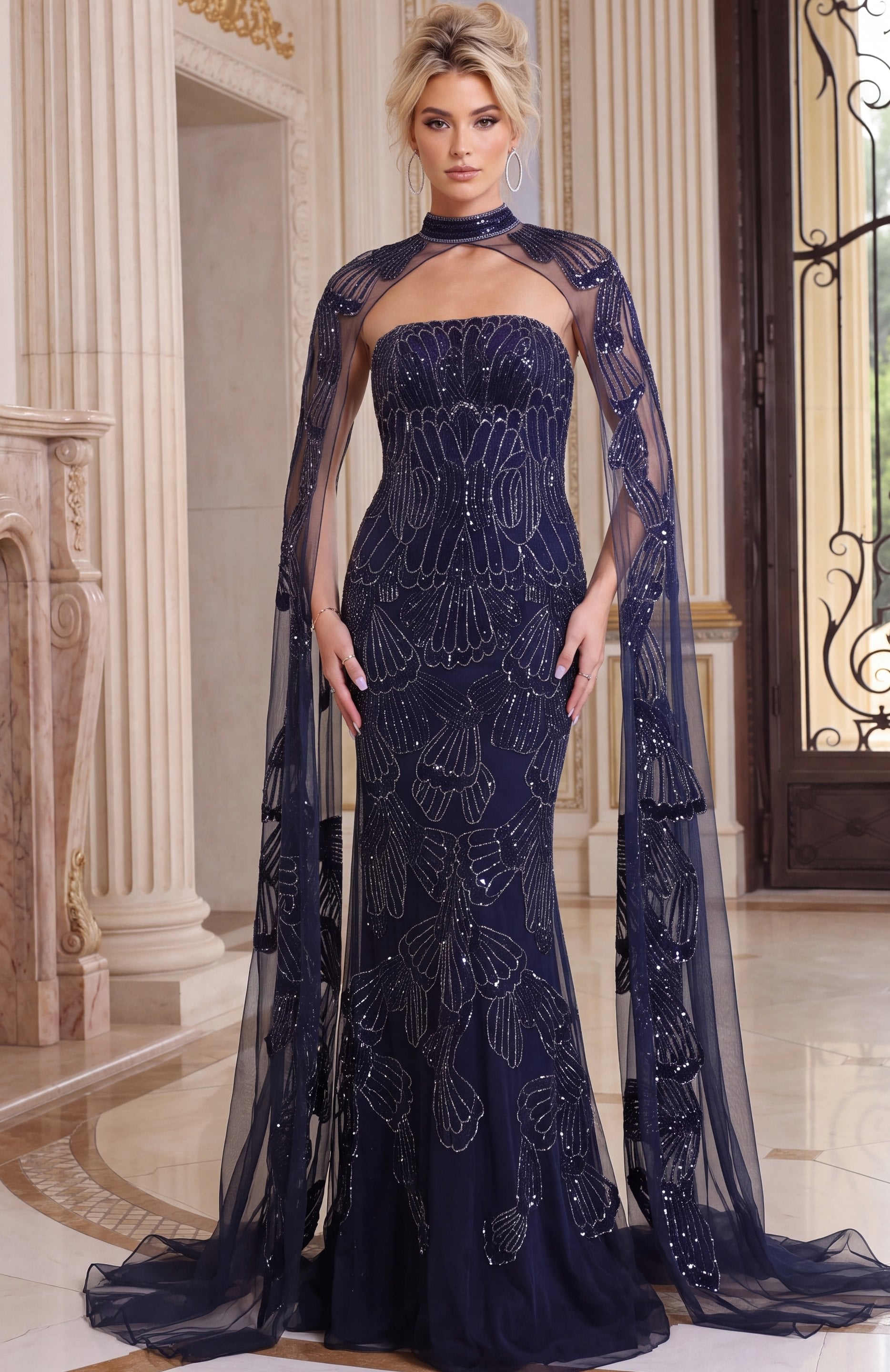navy blue Jovani 52486 front view, beaded cape