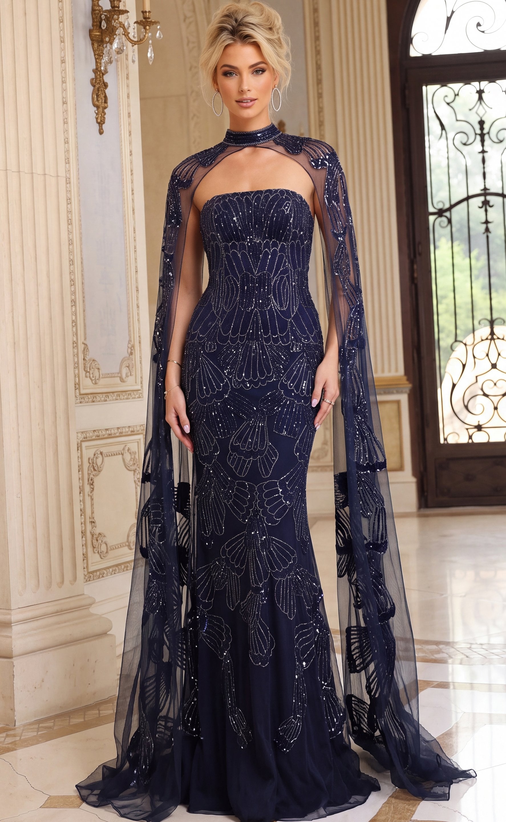 navy blue Jovani 52486 front, beaded overlay