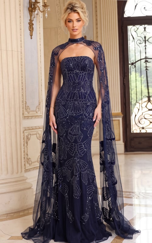 cape beaded tulle fitted dress 52486
