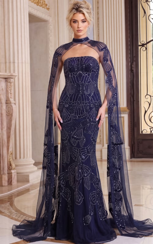 navy cape beaded dress 52486