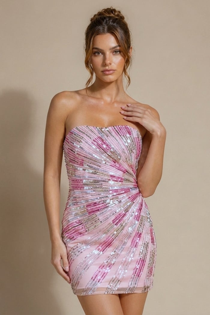 pink and silver sequin strapless mini dress with ruched gathered side detail