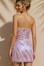 back view of pink and silver sequin strapless ruched mini dress