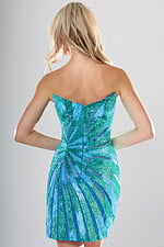 back view of peacock sunburst sequin strapless short homecoming dress with plunging V neckline and high slit, Jovani style 52490