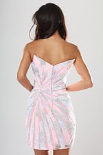 back view of pink sunburst sequin strapless short homecoming dress with plunging V neckline and high slit, Jovani style 52490