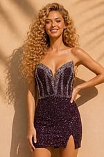 deep purple aubergine beaded strapless mini dress with plunging sweetheart neckline