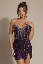deep purple aubergine beaded strapless mini dress with plunging sweetheart neckline