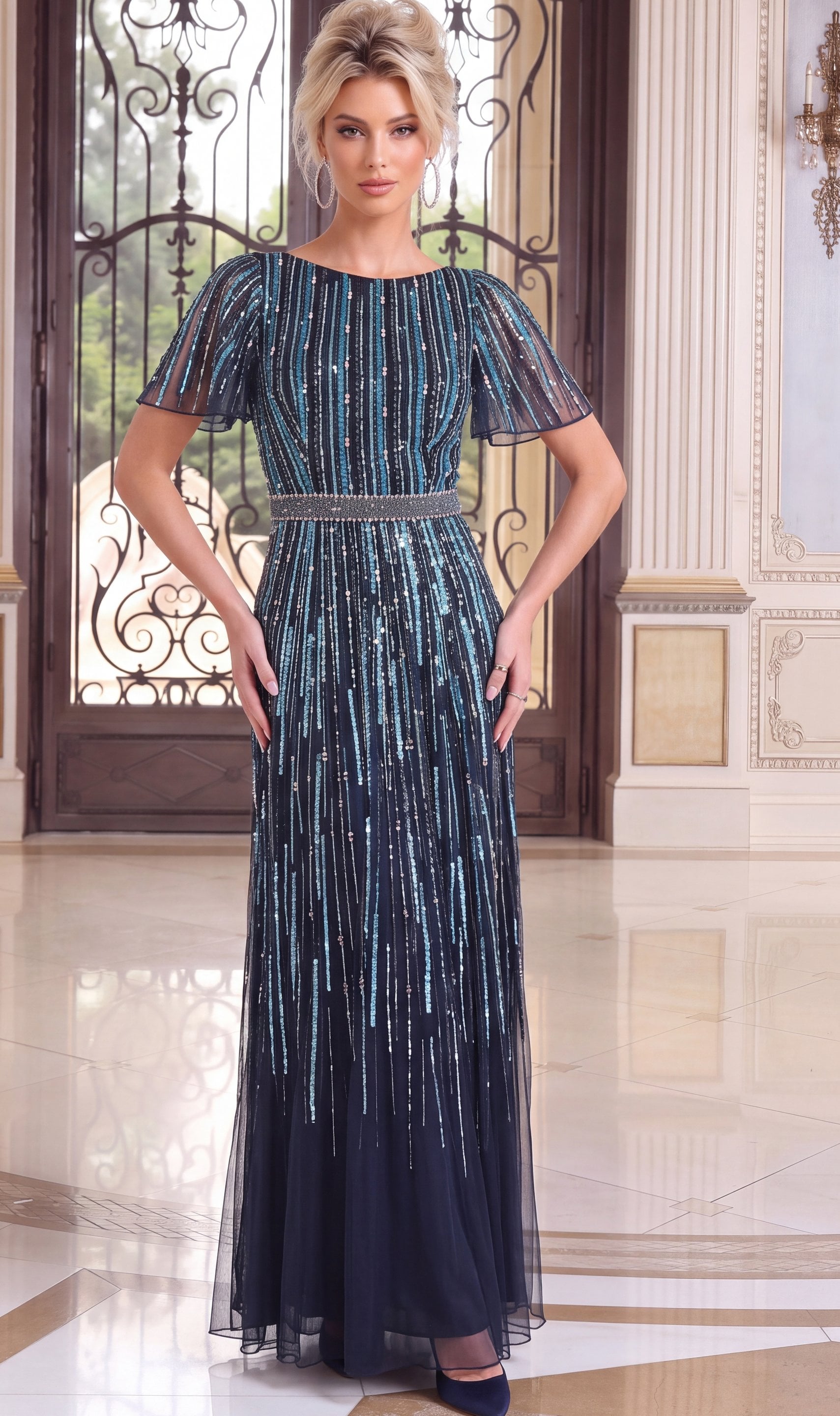 navy blue Jovani 52501 Front, sequin stripes