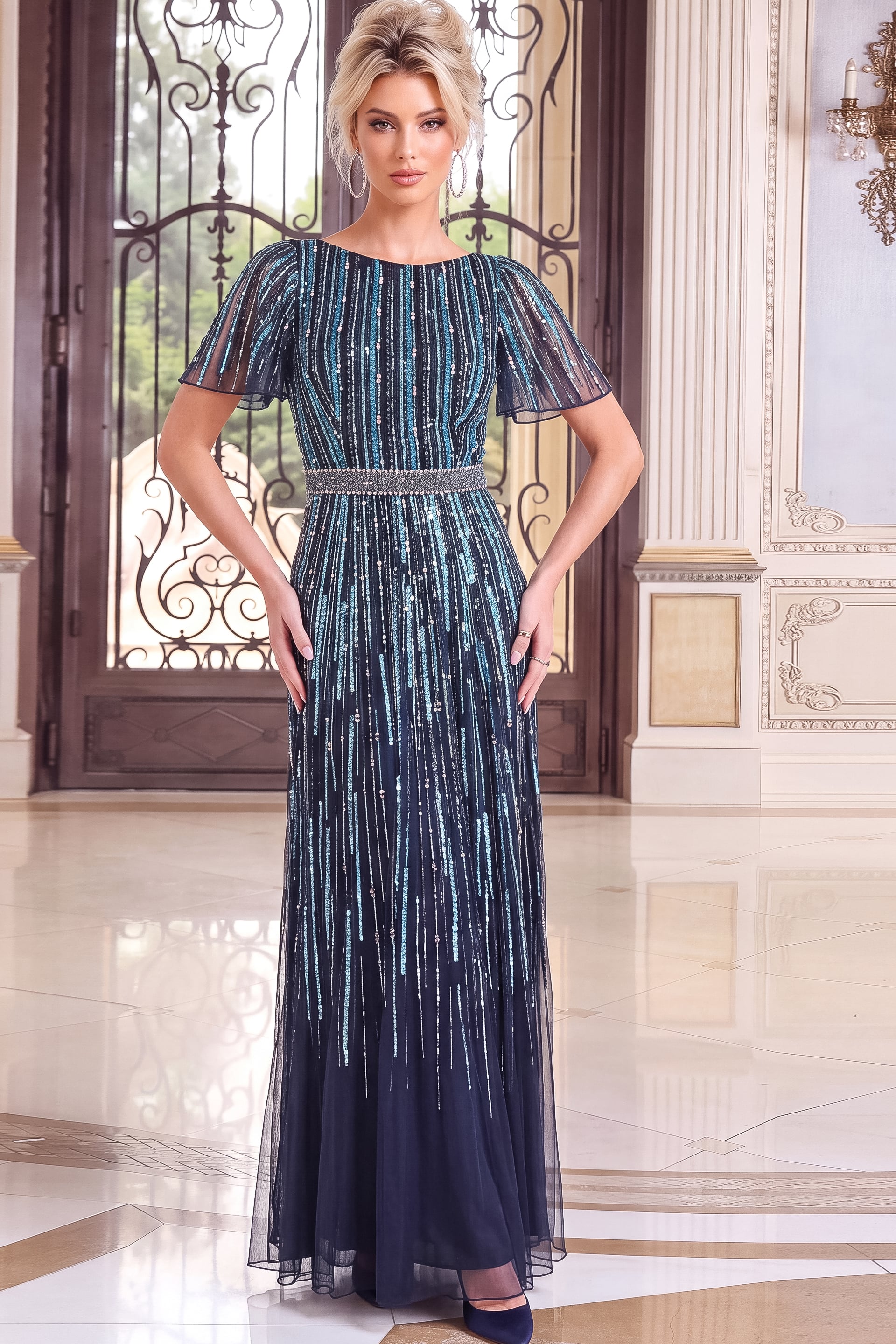 high neck navy embellished dress 52501