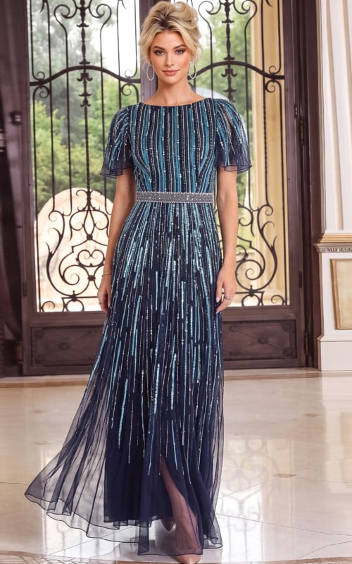navy blue Jovani 52501 front, sequined vertical stripes