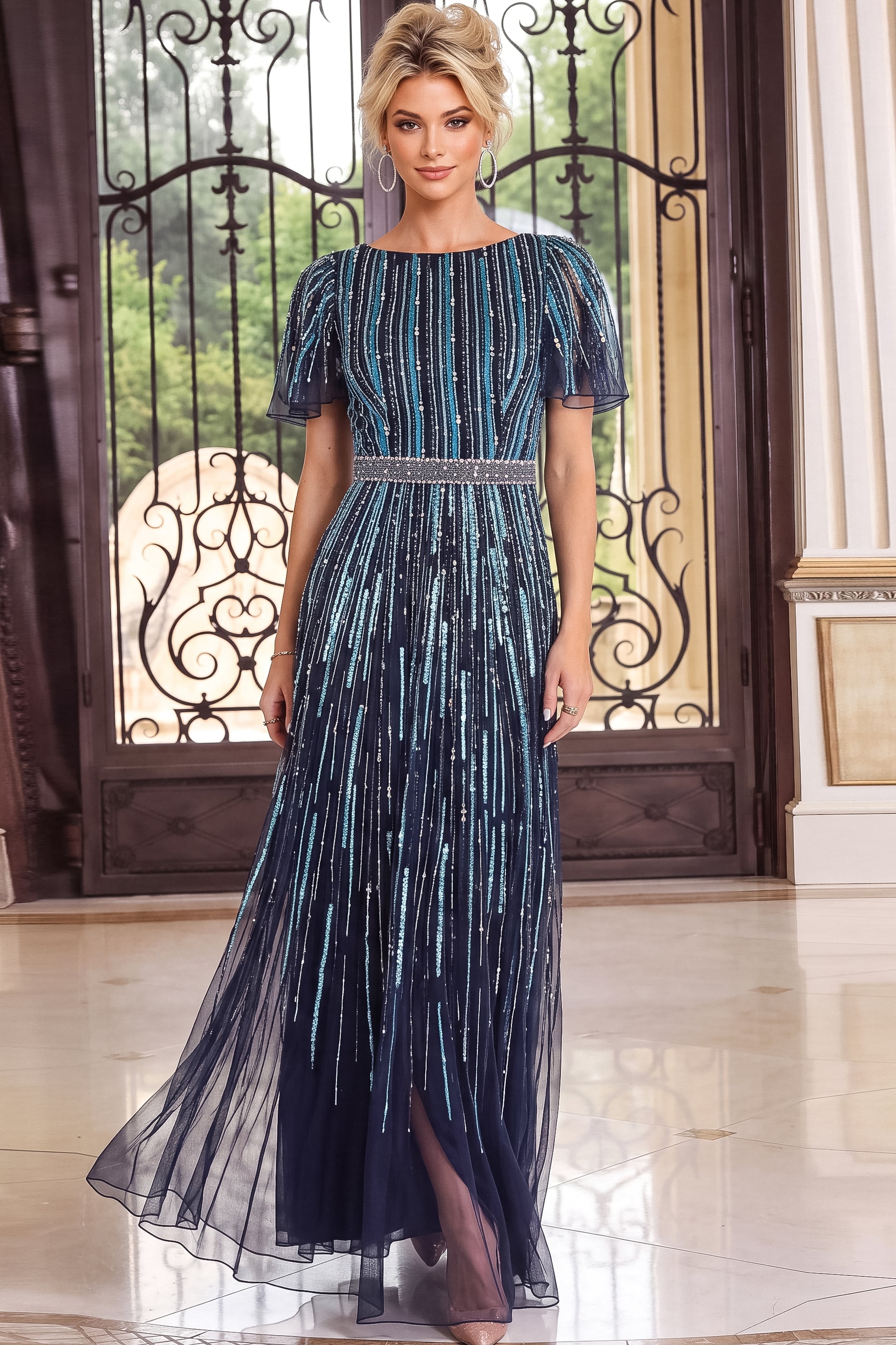 brown dress ladies Coastal Printed Maxi | Trendy Women's Dress wedding bridesmaid dresses fitted bodice Buy Roman Blue Chiffon Color:Navy Multi