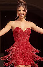 red sequin strapless mini dress with sweetheart neckline and beaded fringe skirt, additional view