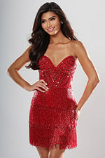 Jovani style 52502 red beaded fringe strapless short homecoming dress with sweetheart neckline and draped beading, front view