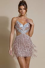 pink and silver sequin V-neck mini dress with side cut-outs and beaded fringe skirt