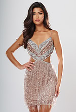 Jovani style 52504 nude sequin beaded fringe short homecoming dress with V neckline, spaghetti straps and side cutout, front view