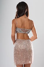 back view of nude sequin beaded fringe short homecoming dress with V neckline, spaghetti straps and side cutout, Jovani style 52504