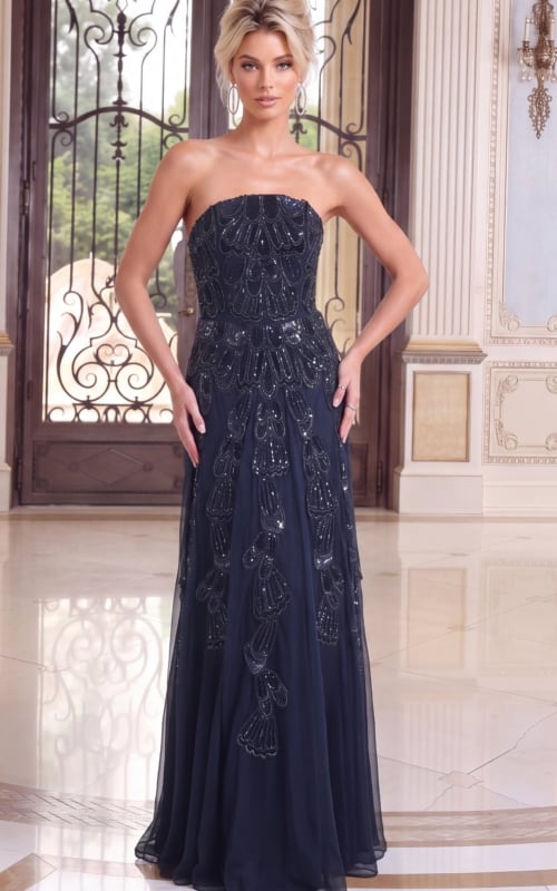 navy blue Jovani 52511 front, sequin patterns
