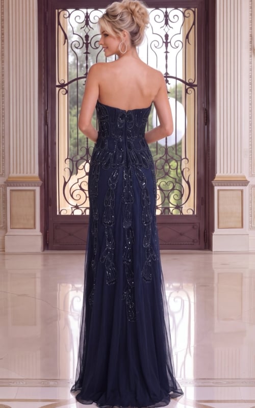 navy blue Jovani 52511 back view, sequin pattern