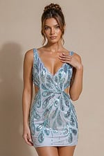 light blue beaded mini dress with V-neck, side cut-outs and floral sequin pattern