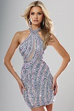 Jovani style 52517 powder blue sequin halter short homecoming dress with high neckline and keyhole cutout, front view