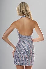 back view of powder blue sequin halter short homecoming dress with high neckline and keyhole cutout, Jovani style 52517