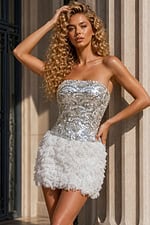 silver sequin bodice and white feather skirt strapless sweetheart mini dress