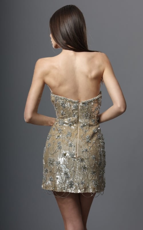 gold bodycon mini dress with spaghetti strap sequin beaded chain