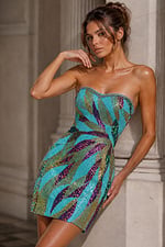 multicolor floral sequin strapless mini dress on turquoise base