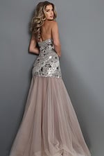elegant strapless evening gown featuring an intricately beaded fitted silhouette