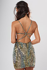back view of black sequin fitted short homecoming dress with plunging V neckline and spaghetti straps, Jovani style 52543