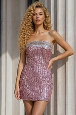 pink and silver striped sequin strapless mini dress with beaded trim