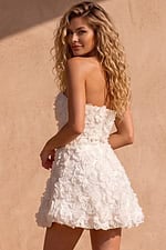 strapless white floral mini dress with textured 3D flower details