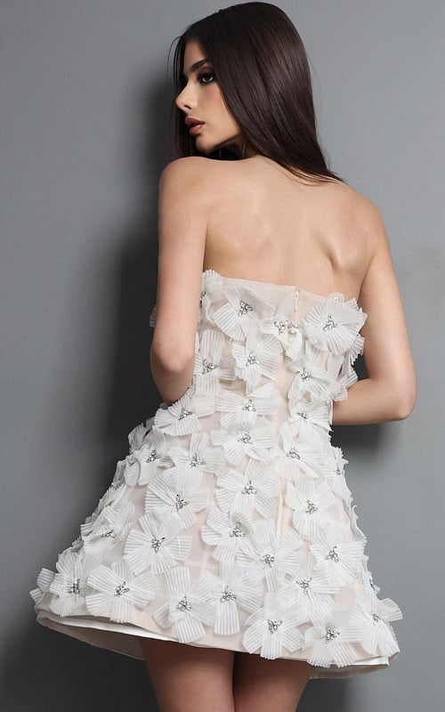 white 3d floral strapless sweetheart mini dress