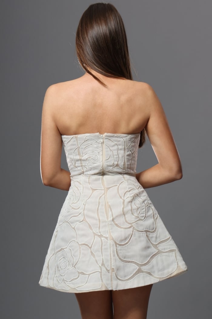 strapless rose appliqué mini dress