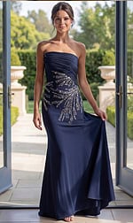 navy strapless chiffon sheath gown with beaded side detail and ruched bodice