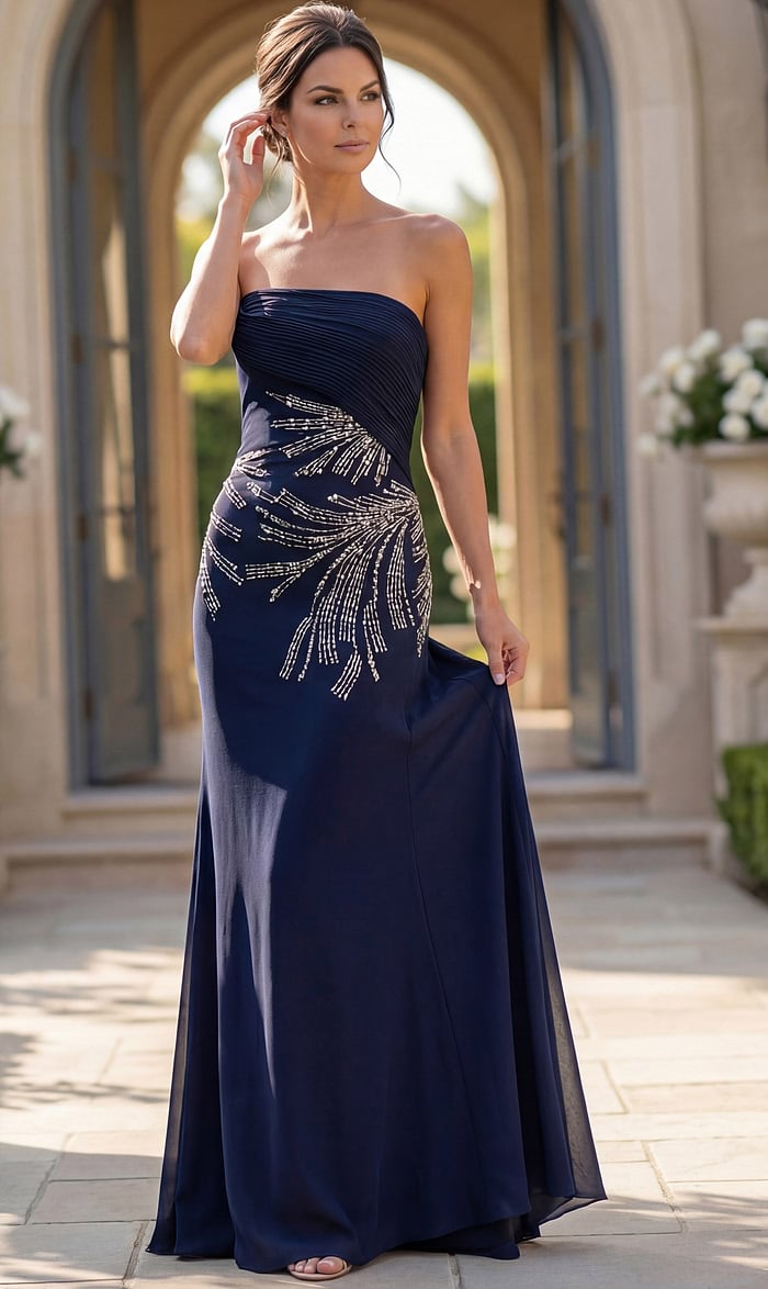 navy strapless chiffon sheath gown with beaded side detail and ruched bodice