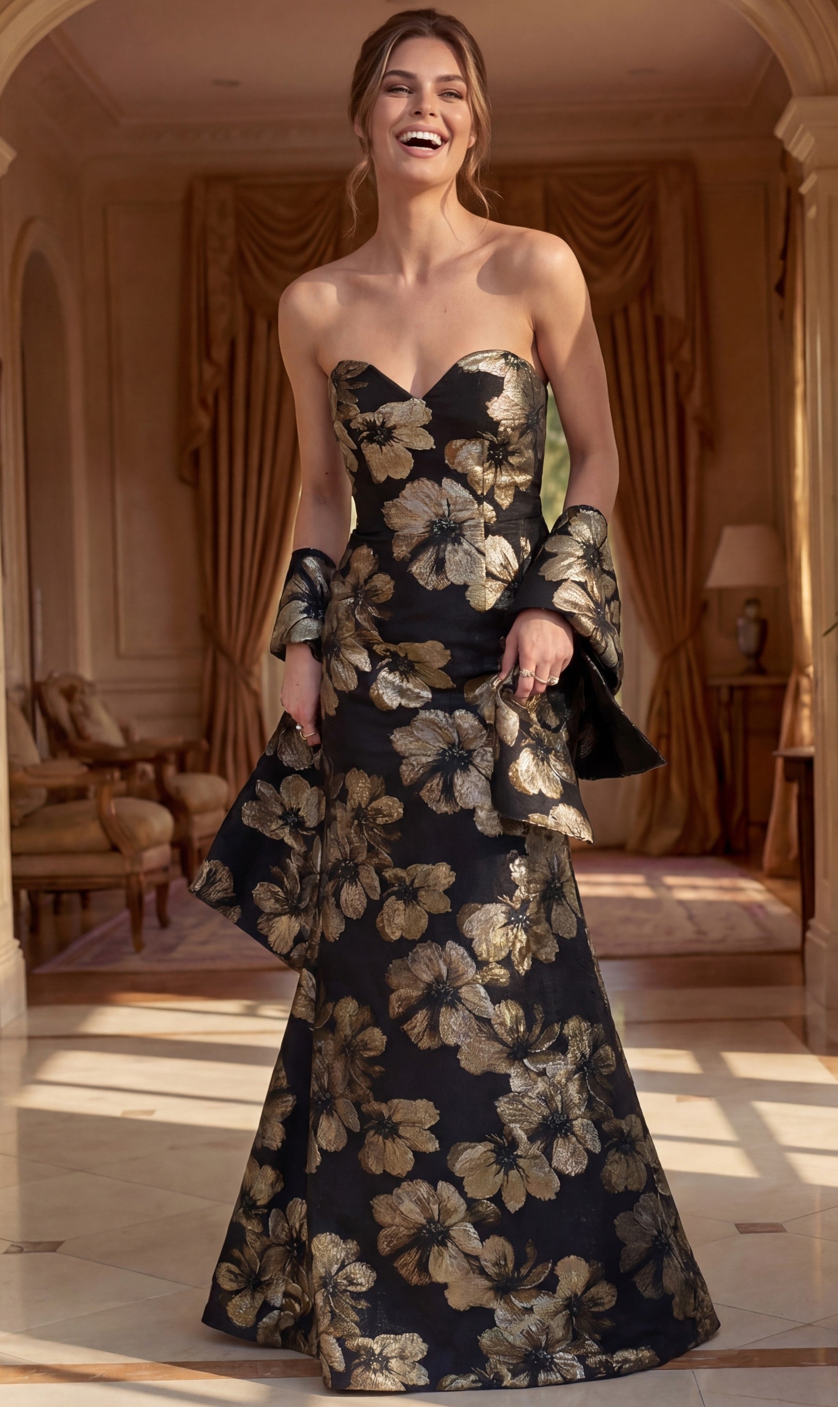 black and gold floral brocade strapless mermaid gown with sweetheart neckline