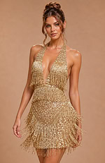 Sophisticated halter silhouette with geometric sequin embroidery and layers of rhythmic, metallic fringe.
