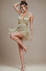 Gold Halter Mini Dress with Beaded Fringe - Image 6