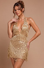 Bodycon evening dress in a high-shine gold finish, highlighting a structured bust and a low-cut back.