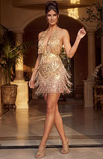 Radiant gold dress featuring a plunging front and tiered fringe that creates a flapper-inspired aesthetic