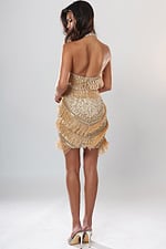 back view of gold beaded fringe halter short homecoming dress with plunging V neckline and open back, Jovani style 52605